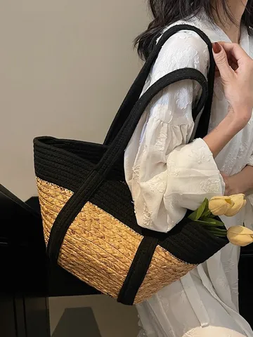 Borsa Tote in Tessuto di Paglia di Grande Capacità Per Donne Estate Vacanza al Mare Borsa a Tracolla Casual Bordo Nero Uso Quotidiano