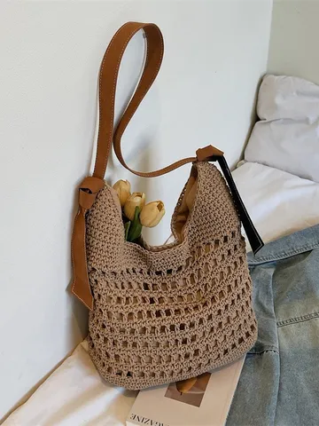 Femmes Français Creux Tissé Paille Sac Bandoulière Décontracté Resort Plage Épaule Fourre-Tout Sac à Main Mode Vacances Été