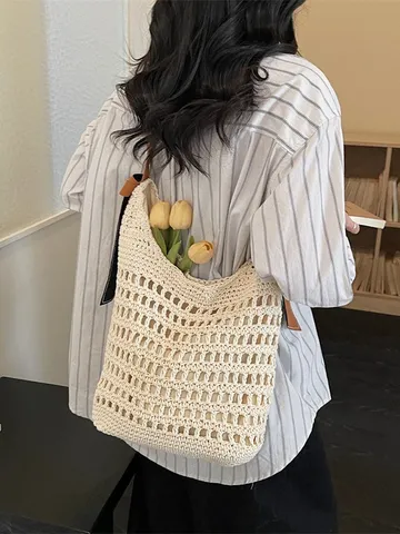 Femmes Français Creux Tissé Paille Sac Bandoulière Décontracté Resort Plage Épaule Fourre-Tout Sac à Main Mode Vacances Été
