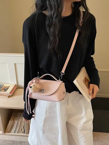 Women Fashion PU Leather Lychee Pattern Pillow Bag Small Handbag Crossbody Bag With Plush Pendant Chic Ladies Shoulder Bag