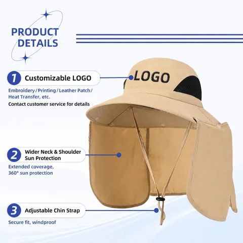 Sombrero de Sol de Poliéster Unisex Outdoor Gorro Pescador Secado Rápido Ala Ancha Protector Cuello UV Pesca Senderismo