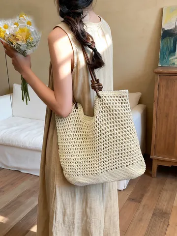 Women Woven Tote Bag Large Capacity Casual Vacation Shoulder Bag Fabric Handbag Summer Beach Travel