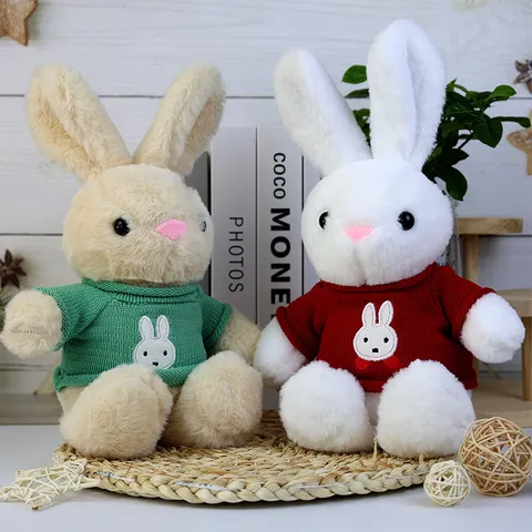 Lindo Conejo Vestido Juguete de Peluche Animal Relleno Muñeca Suave Con Suéter Mascota de Año Nuevo Regalo