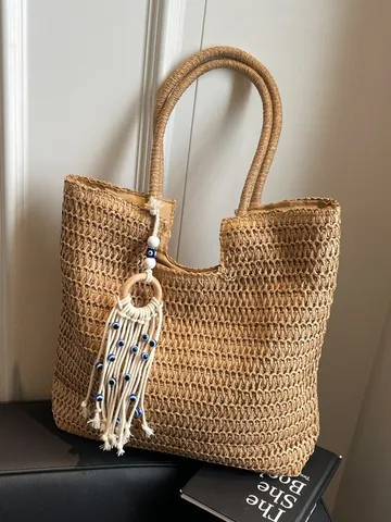Borsa Tote in Tessuto di Paglia da Donna Grande Capacità Casual Vacanza al Mare Borsa a Tracolla Borsa da Lavoro Estiva Con Ciondolo Occhio Malvagio