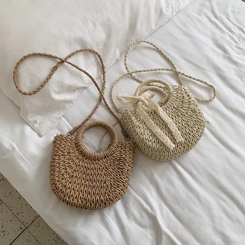 Sac Bandoulière en Paille pour Femmes Sac à Main en Rotin Tissé Vintage Mignon Nœud en Dentelle Sac Seau de Plage d'Été Pochette Quotidienne