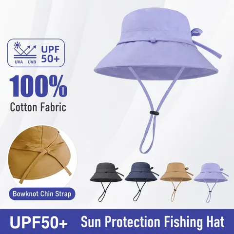 Sombrero de Pescador de Ala Ancha Color Sólido para Mujer Algodón Protección Solar con Lazo Casual Verano Exterior