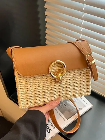 Vintage Geweven Stro Schoudertas Voor Vrouwen Kleine Vierkante Tas PU Leer Klapdeksel Met Metalen Slot Strand Handtas