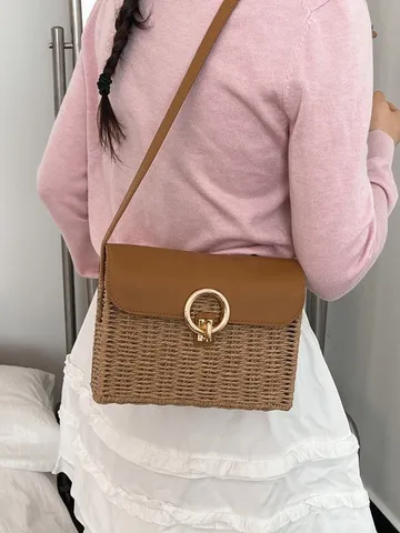 Vintage Geweven Stro Schoudertas Voor Vrouwen Kleine Vierkante Tas PU Leer Klapdeksel Met Metalen Slot Strand Handtas