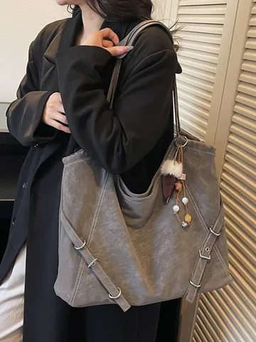 Women Retro Large Capacity PU Leather Tote Bag Contrast Stitching Casual Commuter Shoulder Bag