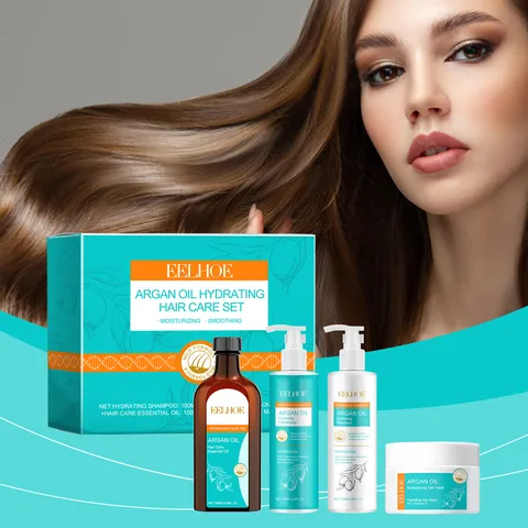 Set de Soin Capillaire Hydratant à l'Huile d'Argan Shampoing Après-Shampoing Masque Capillaire et Huile Capillaire Kit de Réparation Nourrissant