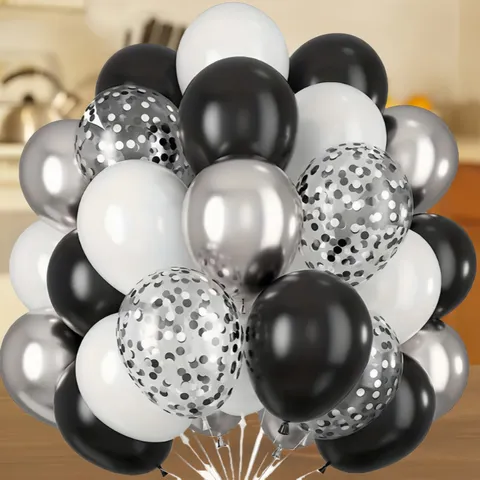 Black White Silver Metallic Latex Balloons Confetti Balloons Set For Birthday Wedding Party Anniversary Event Decoration