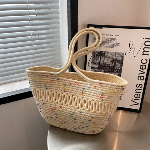 Γυναικείο Πλεγμένο Ψάθινο Tote Bag Μεγάλης Χωρητικότητας Τσάντα Ώμου Παραλίας Color Block Βαμβακερό Νήμα Τσάντα Χειρός για Καλοκαιρινές Διακοπές