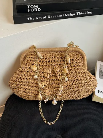 Womens Straw Woven Crossbody Bag Summer Beach Shoulder Bag Chain Pearl Pendant Casual Handbag Purse