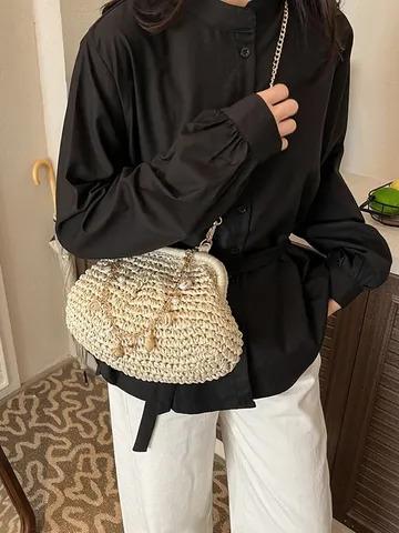 Womens Straw Woven Crossbody Bag Summer Beach Shoulder Bag Chain Pearl Pendant Casual Handbag Purse