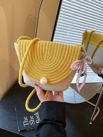 Korean Style Niche Mini Shoulder Bag Women Fashion Chic Handwoven Straw Crossbody Bag Pearl Bow Daily Phone Bag