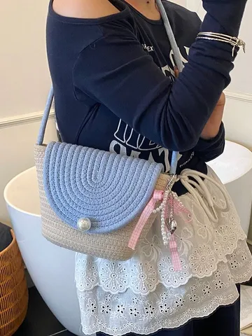 Korean Style Niche Mini Shoulder Bag Women Fashion Chic Handwoven Straw Crossbody Bag Pearl Bow Daily Phone Bag