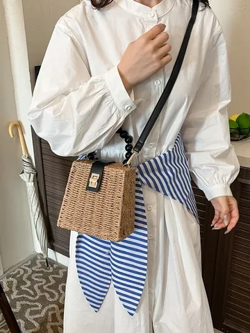 Vintage Straw Woven Crossbody Bag Women Small Handbag With Beaded Handle Metal Lock Beach Casual Shoulder Bag