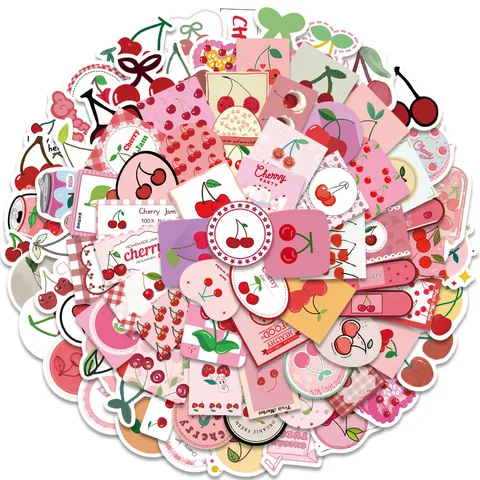 Cute Pink Cherry Graffiti Waterproof PVC Stickers Aesthetic Girls DIY Decals For Luggage Notebook Water Bottle Phone