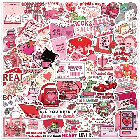 Valentine Bookish Waterproof Stickers Pink Reading Aesthetic Vinyl Decal For Laptop Luggage Phone Water Bottle