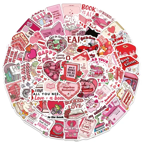 Valentine Bookish Waterproof Stickers Pink Reading Aesthetic Vinyl Decal For Laptop Luggage Phone Water Bottle