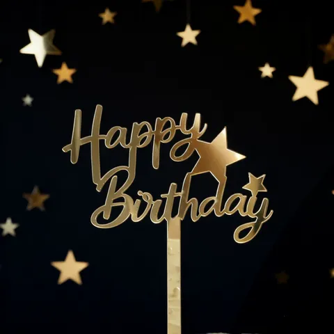 Adorno para Pastel Happy Birthday de Acrílico de Espejo Dorado Forma Corazón Estrella Estilo Ins para Decoración de Fiesta Cumpleaños