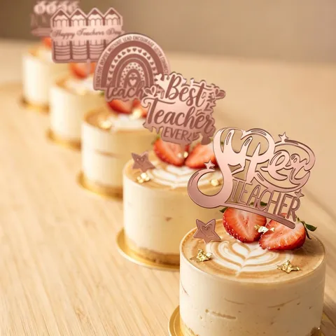 Ins Style Acrylic Cupcake Topper Mirror Rose Gold Festive Cake Decoration Hollow Engraved Letter Stand Ornament For Party Celebration