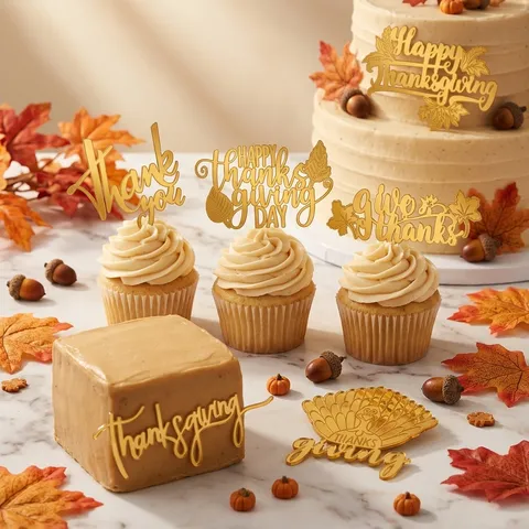 Gold Acrylic Thanksgiving Cake Topper Turkey Pumpkin Maple Leaf Happy Thanksgiving Cake Decoration Party Baking Supplies
