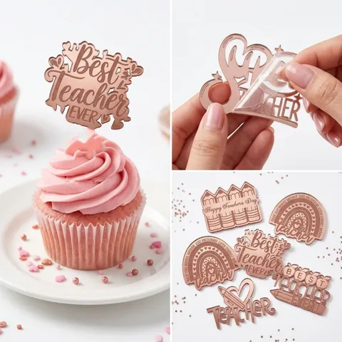 Ins Style Acrylic Cupcake Topper Mirror Rose Gold Festive Cake Decoration Hollow Engraved Letter Stand Ornament For Party Celebration
