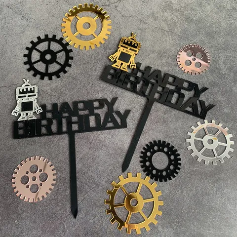 Acryl Robot Gefeliciteerd Taarttopper Mechanische Tandwiel Taartdecoratie Feestartikelen Desserttafel Decor