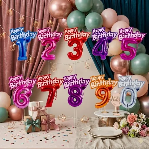 Ακρυλικό Διακοσμητικό Τούρτας Happy Birthday Πολύχρωμο με Αριθμούς Σχήμα Μπαλονιού για Διακόσμηση Πάρτι