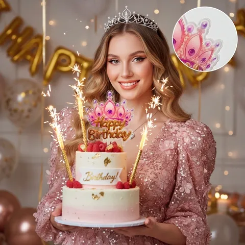 3D Printed Acrylic Happy Birthday Cake Topper Pink Crown Butterfly Feliz Cumpleaños Cake Decoration For Birthday Party Supplies