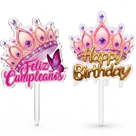 3D Printed Acrylic Happy Birthday Cake Topper Pink Crown Butterfly Feliz Cumpleaños Cake Decoration For Birthday Party Supplies