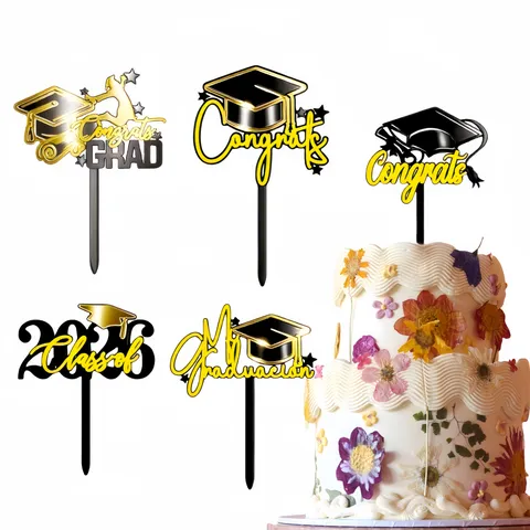 Decorazione per Torta di Graduazione in Acrilico Classe 2026 Congrats Grad Nero Oro Tocco da Laureato Stelle Decorazione