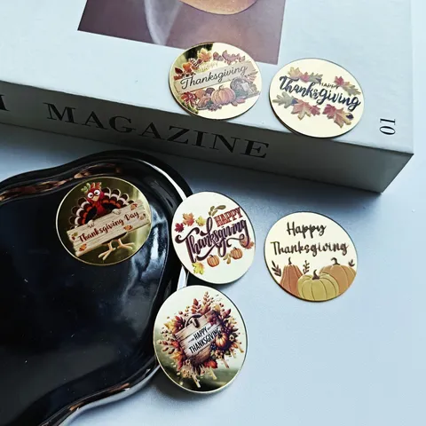 Acrylic Thanksgiving Cake Toppers Round Gold Mirror UV Printed Pumpkin Turkey Maple Leaf Cupcake Picks Party Decorations