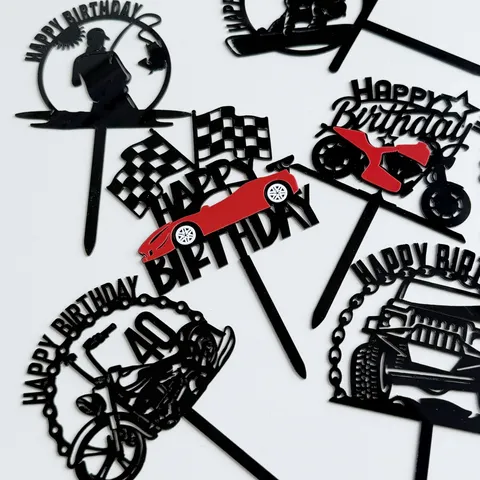 Adorno para Pastel de Cumpleaños Acrílico Hombres Niños Motocicleta Coche de Carreras Skateboard Pesca Tema Fiesta Negro Rojo