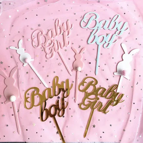 Decoración para Tarta de Acrílico Baby Boy Baby Girl Espejo Oro Rosa Azul Conejo Adorno para Tarta de Cumpleaños Fiesta