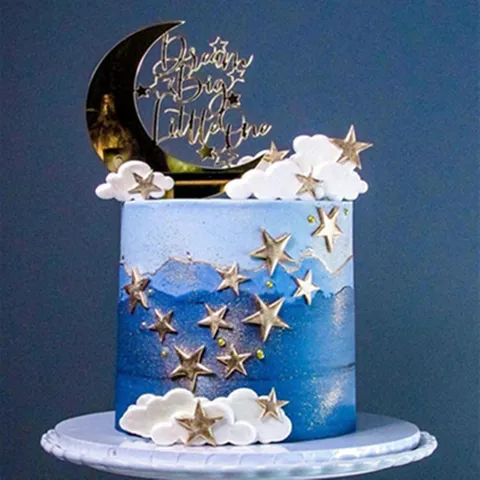Acrylic Mirror Gold Moon Star Cloud Cake Topper Set Engraved Art Words Dream Big Little One Birthday Party Cake Decorations