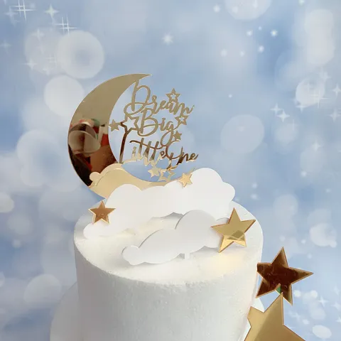 Acrylic Mirror Gold Moon Star Cloud Cake Topper Set Engraved Art Words Dream Big Little One Birthday Party Cake Decorations