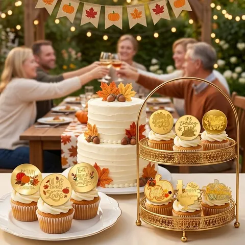 Thanksgiving Gold Mirror Acrylic Cake Toppers Turkey Pumpkin Maple Leaf Cupcake Picks For Holiday Party Decoration