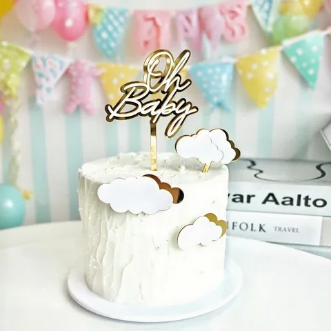 Acrylic Oh Baby Cake Topper With Cloud Decoration For Baby Shower Birthday Party Ins Style Baby Cake Ornament Decoration