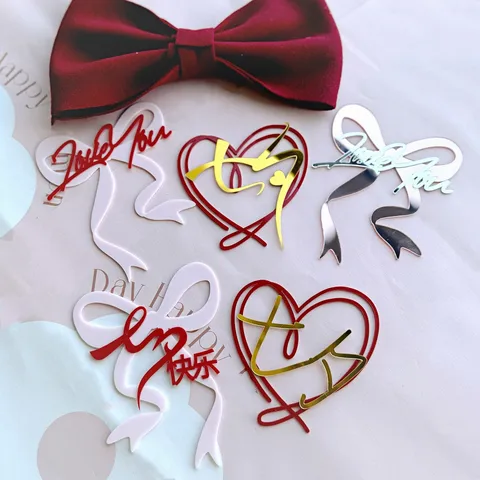Acrylic Heart Bow Cake Toppers For Valentine's Day Wedding Party Cake Decoration Love You Letters Mirror Acrylic Cake Ornament