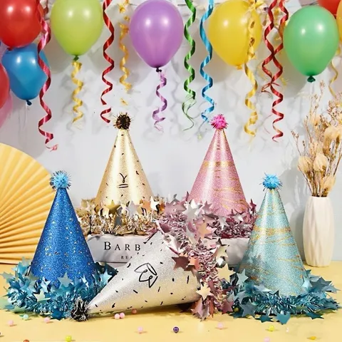 Cappello a Cono Compleanno Glitter Stile Ins Premium Con Nappa a Stella E Pompon Per Decorazione Festa Compleanno Bambini Adulti