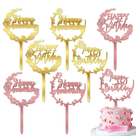 Décoration de Gâteau Couronne Florale en Acrylique Joyeux Anniversaire Mariage Fête Miroir Or Rose Fournitures de Pâtisserie