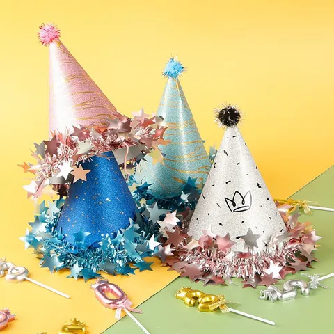 Cappello a Cono Compleanno Glitter Stile Ins Premium Con Nappa a Stella E Pompon Per Decorazione Festa Compleanno Bambini Adulti