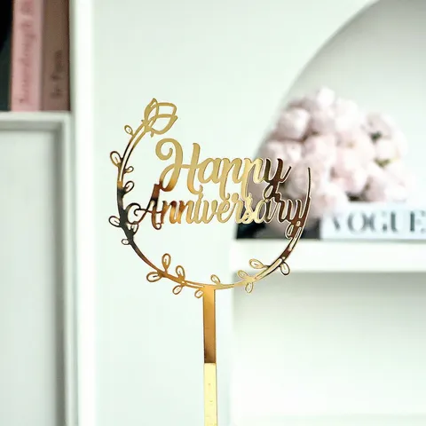 Décoration de Gâteau Couronne Florale en Acrylique Joyeux Anniversaire Mariage Fête Miroir Or Rose Fournitures de Pâtisserie