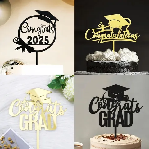 Acryl Abschluss Kuchendekoration Congrats Grad Congratulations Buchstaben Design Für Abschlussfeier Party Feier Gold Schwarz Elegant Ornament