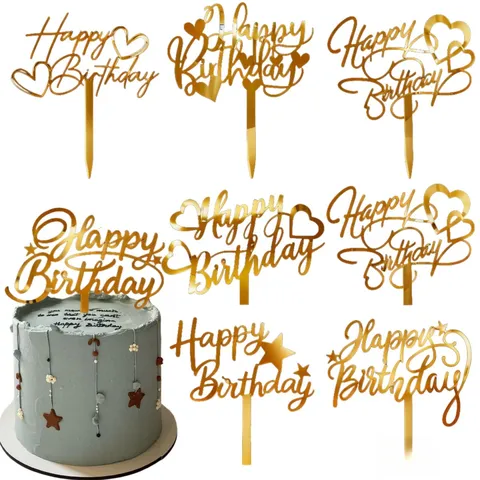 Adorno para Pastel Happy Birthday de Acrílico de Espejo Dorado Forma Corazón Estrella Estilo Ins para Decoración de Fiesta Cumpleaños
