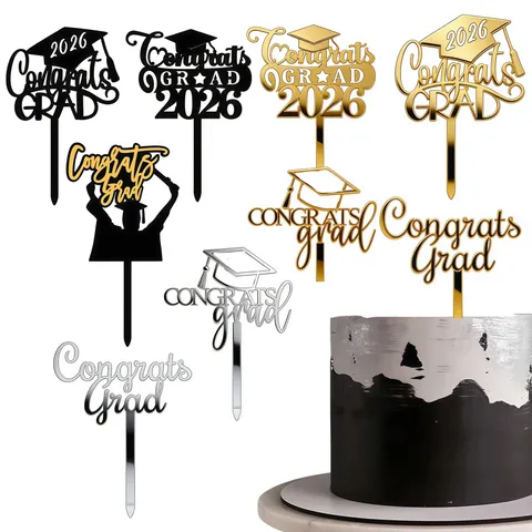 Decorazione per Torta di Graduazione in Acrilico Classe 2026 Congrats Grad Cake Insert per Decorazione Festa di Laurea Oro Nero Argento
