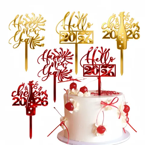 Acrylic Happy New Year Cake Topper 2027 Gold Red Mirror Texture Cake Inserts For Party Celebration Dessert Decorations