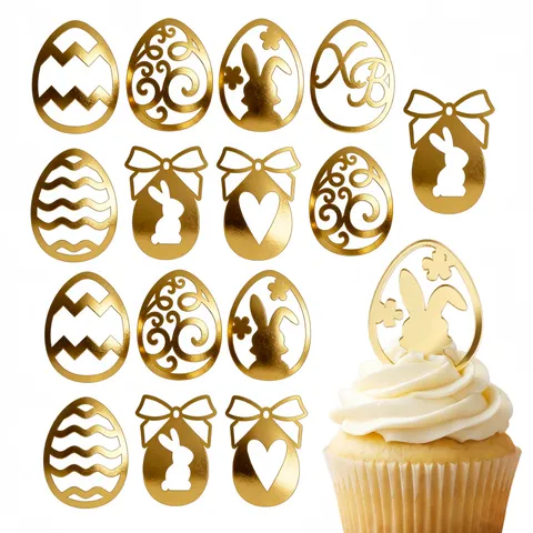 Gold Mirror Acrylic Easter Bunny Cupcake Topper Charm Hollow Out Gift Tags For Easter Party Cake Decoration Ornaments